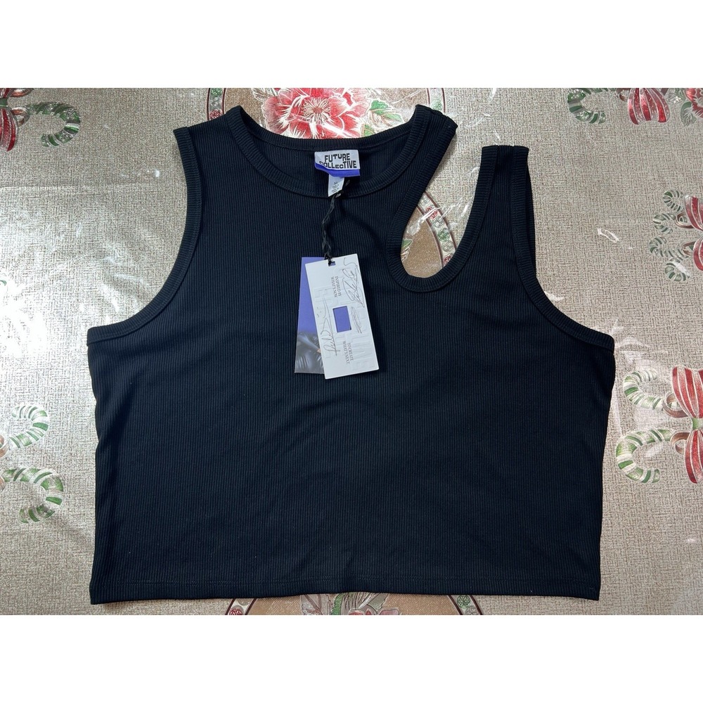 Future Collective Women's Black Ribbed Cut Out Crop Tank Top‎ Size XL